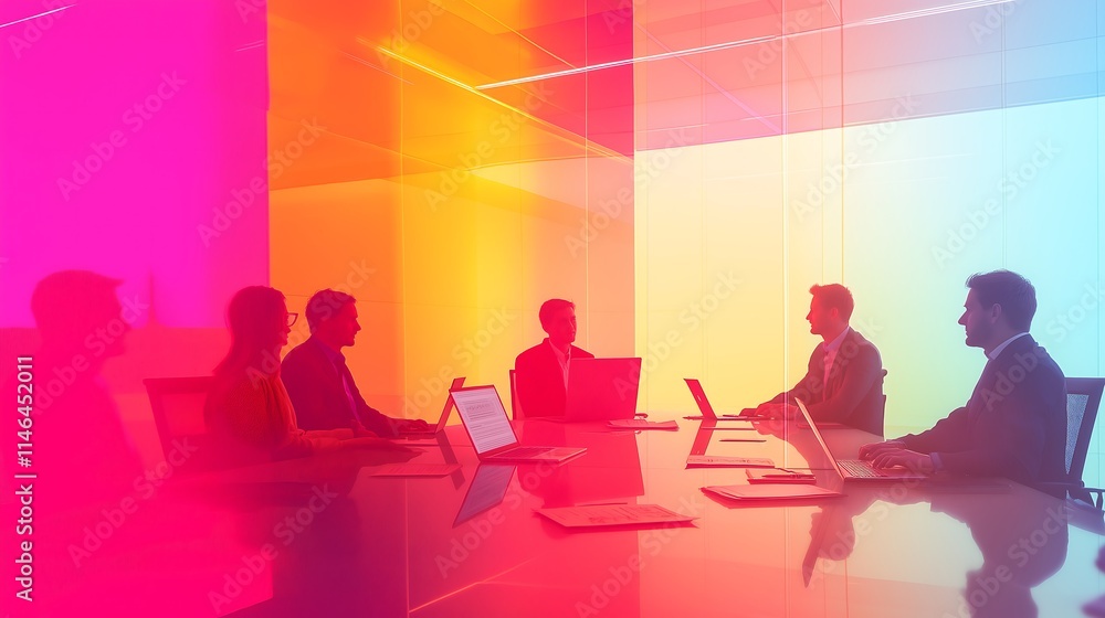 Group of business people in meeting room with pink and yellow neon lights. Toned image double exposure Group of business people in meeting room with pink and yellow neon lights. Toned image double exposure