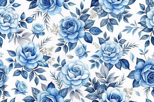 Blue Rose Seamless Pattern, Vintage Floral Background, Minimalist Flower Wallpaper, Botanical Print, Floral Design