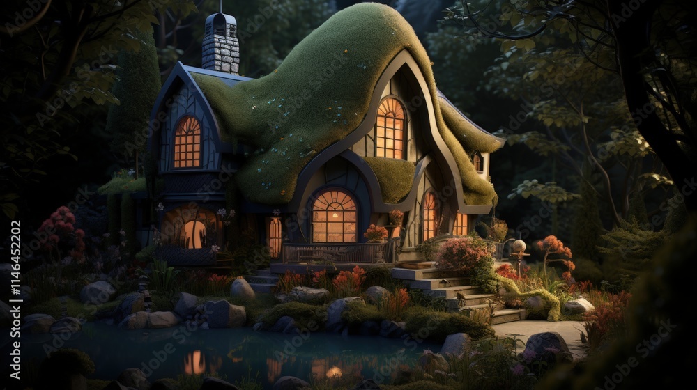 Obraz premium Charming Cottage Surrounded by Nature with Lush Garden and Enchanting Glow from Windows in Forest Setting at Twilight