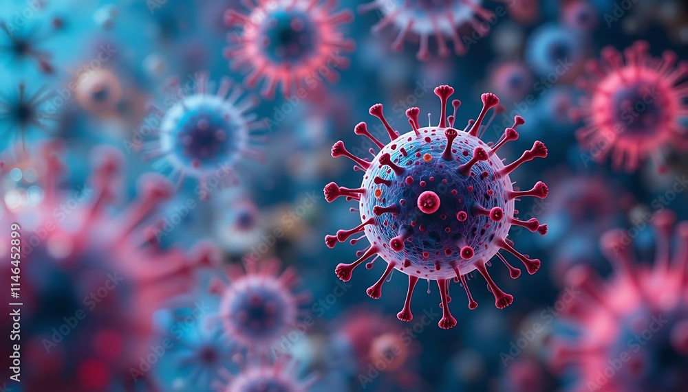 Fototapeta premium Microscopic Virus Cluster: A Detailed Blue and Red Viral Illustration
