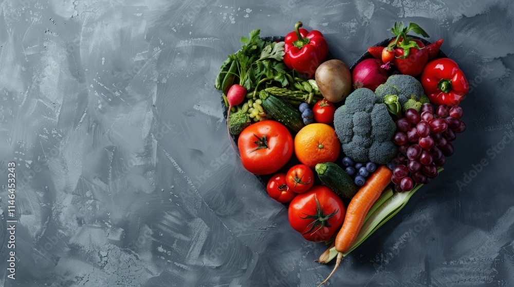 Heart-shaped arrangement of fresh fruits and vegetables. Heart-shaped arrangement of fresh fruits and vegetables.
