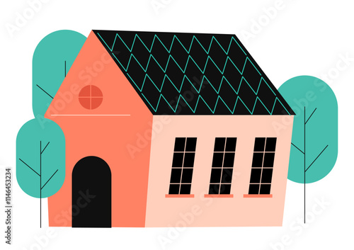 Scandinavian house and tree. Cute Scandi home with windows, cozy balconies. Nordic Swedish brick building exterior.