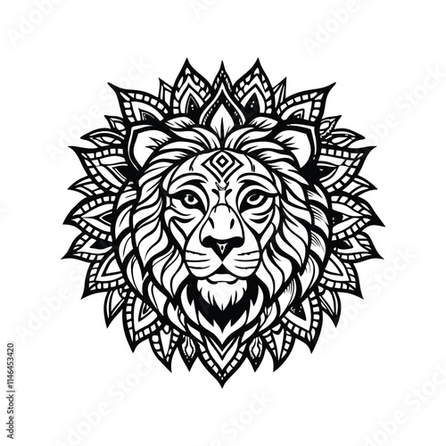 "Ornate Lion Head Vector Illustration with Intricate Floral and Geometric Details"