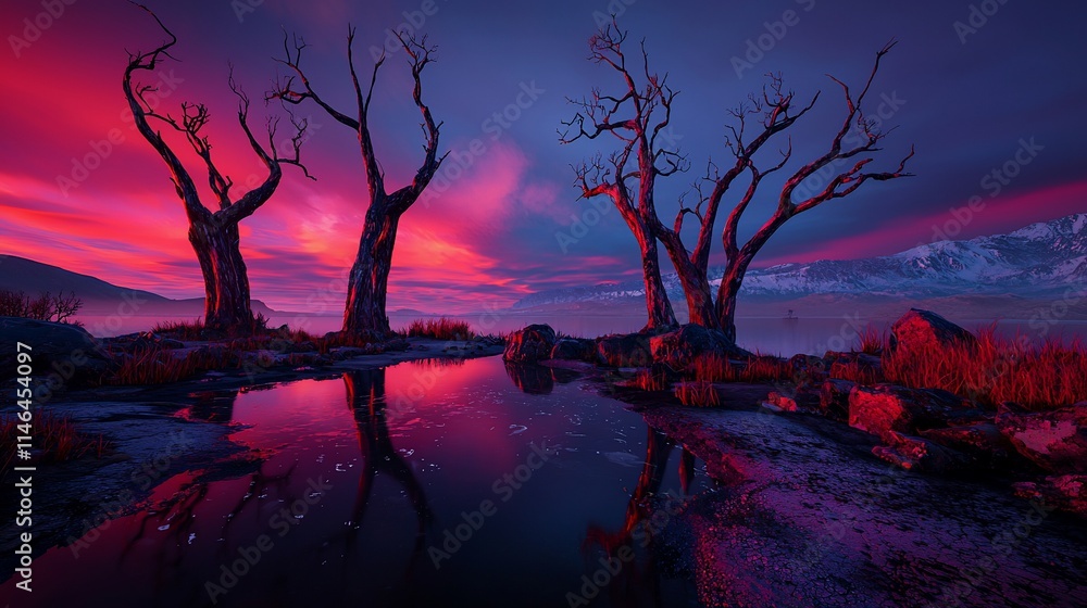 Obraz premium Vibrant sunrise reflecting on still water, barren trees, mountains.