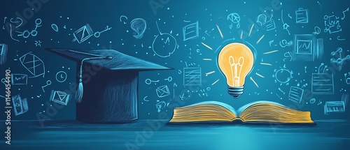 Education and innovation concept in a classroom, with a graduation cap, lightbulb on a book, and icons representing learning, science, and technology photo