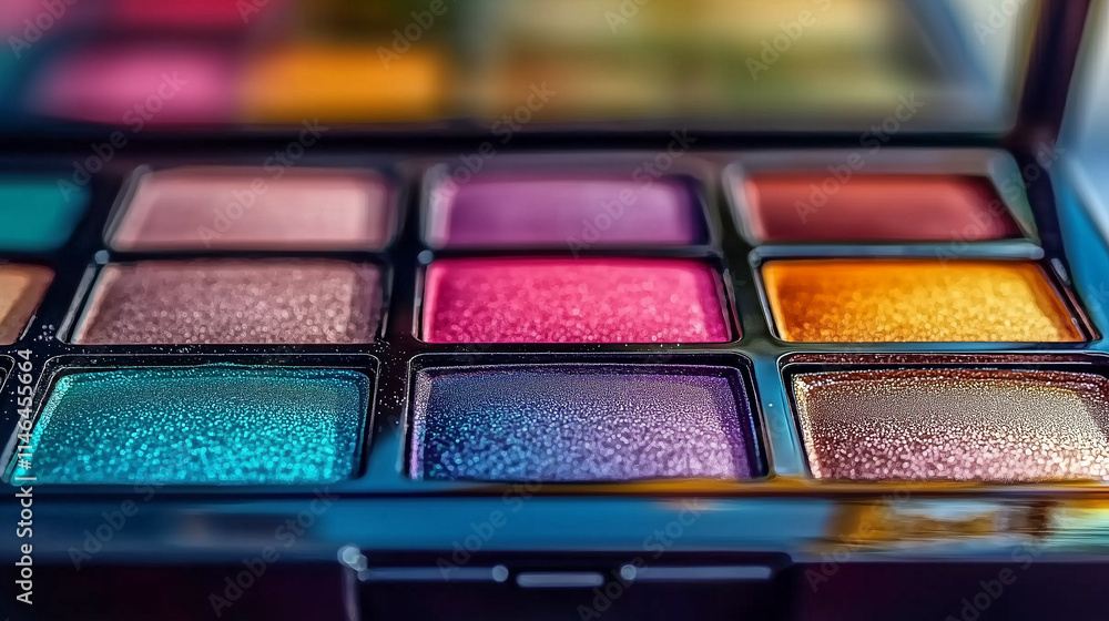 Vibrant rainbow eyeshadow palette displayed in an elegant arrangement, perfect for creating stunning makeup looks. The blurred background accentuates the rich hues of each color, adding a touch of gla Vibrant rainbow eyeshadow palette displayed in an elegant arrangement, perfect for creating stunning makeup looks. The blurred background accentuates the rich hues of each color, adding a touch of gla