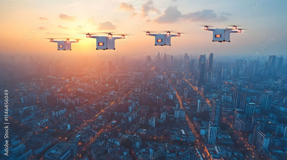 Drones flying over a city skyline during sunset, showcasing technology in urban environments. Drones flying over a city skyline during sunset, showcasing technology in urban environments.