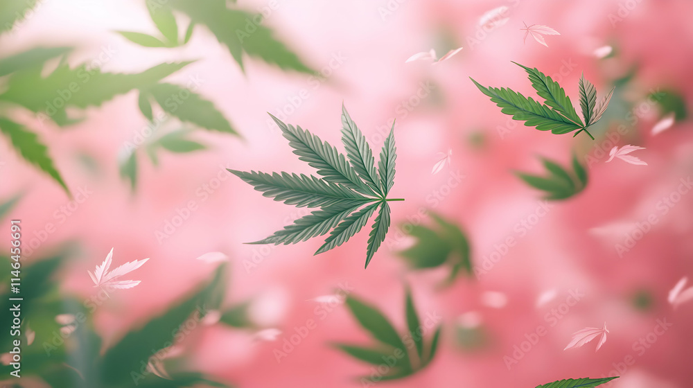 Pink Abstract Background with Green Cannabis Leaves Pink Abstract Background with Green Cannabis Leaves