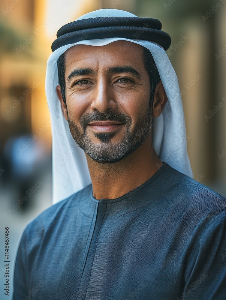 Smiling male portrait captured in a traditional outfit outdoors during daylight hours Smiling male portrait captured in a traditional outfit outdoors during daylight hours