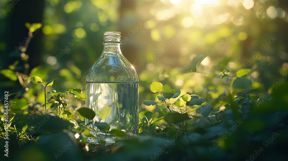 Clear glass water bottle with nature background generated.AI Clear glass water bottle with nature background generated.AI