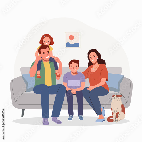 Mother and father with children on the sofa. Flat style cartoon vector illustration.