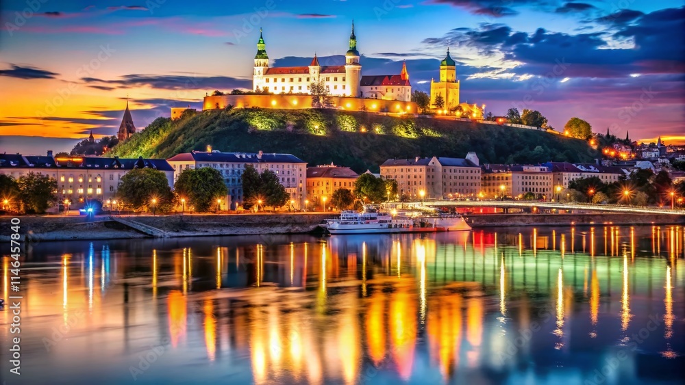 Naklejka premium Bratislava Night Photography: Danube River, Castle, Old Town, City Lights, Night View, Illuminated Buildings, Scenic, Slovakia