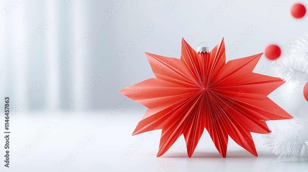 Red paper star Christmas ornament on white background. Red paper star Christmas ornament on white background.