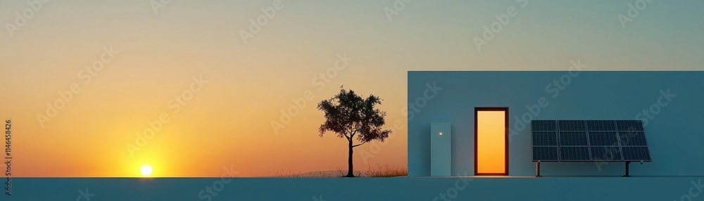 Modern house with solar panels at sunset, showcasing sustainable design.