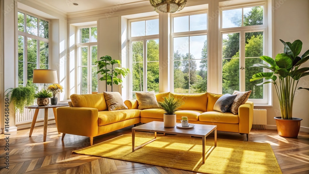 Bright Airy Living Room Yellow Sofa Large Windows - Documentary Photography Style Bright Airy Living Room Yellow Sofa Large Windows - Documentary Photography Style