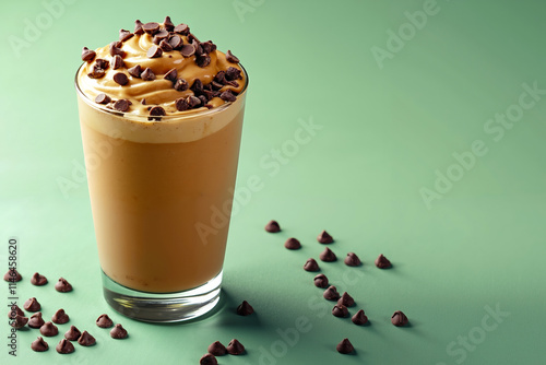 A glass of iced coffee with chocolate chips on top of it photo