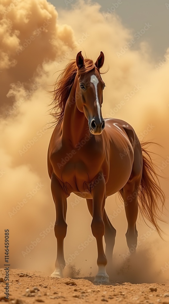Obraz premium Majestic Chestnut Horse Standing in a Dramatic Desert Storm Scene
