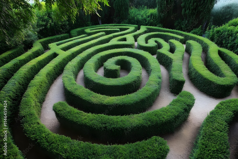 A lush green maze with intricate pathways, inviting exploration and contemplation. A lush green maze with intricate pathways, inviting exploration and contemplation.