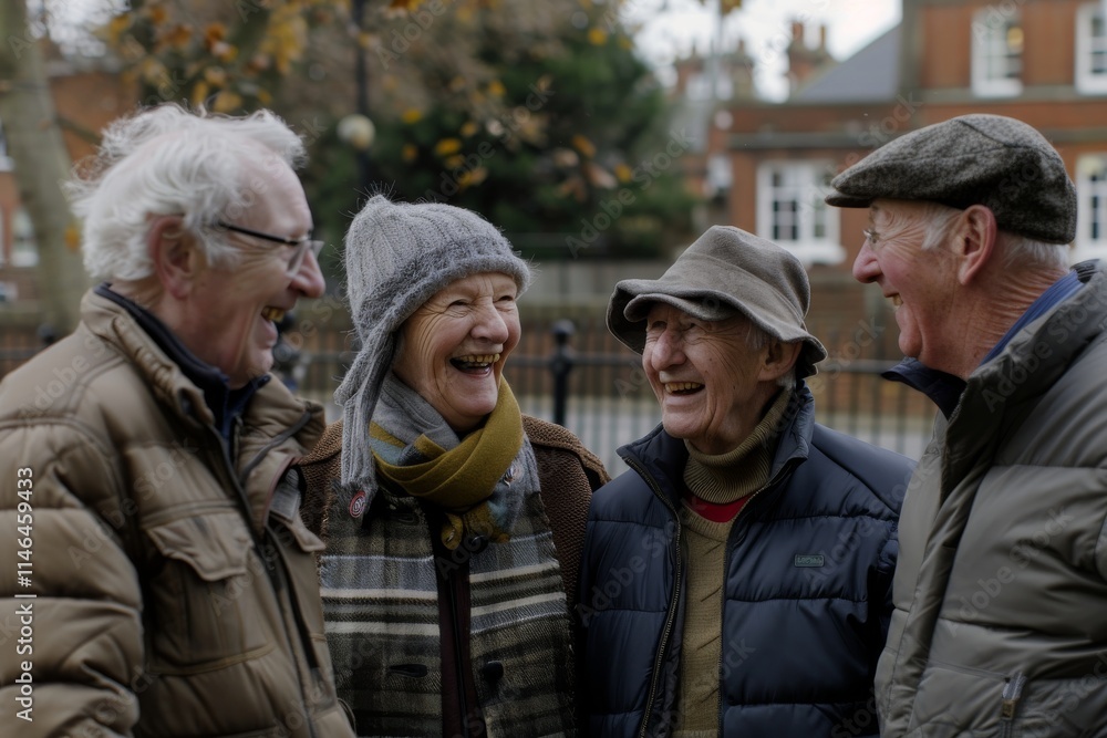 Group of elderly friends laughing and having fun together in the street. Group of elderly friends laughing and having fun together in the street.
