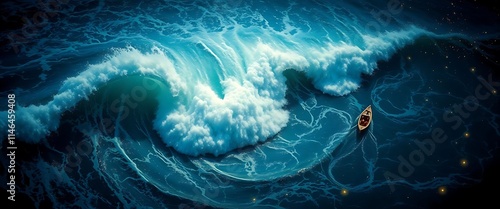 Ocean's Fury: A small boat is engulfed by a towering, monstrous wave, its jaws agape, in a surreal and captivating depiction of the ocean's raw power. The painting evokes a sense of fear and awe.