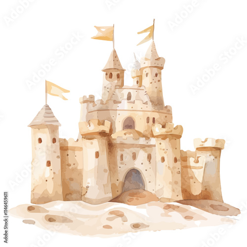 A watercolor vector of a sandcastle with small flags, isolated on a white background. Sandcastle flags vector.
