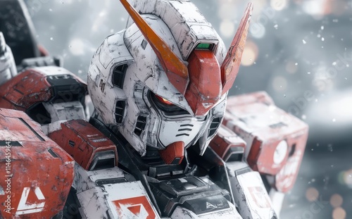 Close-up of a detailed Gundam model, showcasing intricate design and vibrant colors.