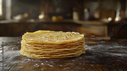 A perfect stack of fresh tortillas sits elegantly on a wooden surface, capturing the essence of culinary traditions cherished during family meals
