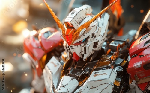 Close-up of a detailed Gundam model, showcasing intricate design and vibrant colors.