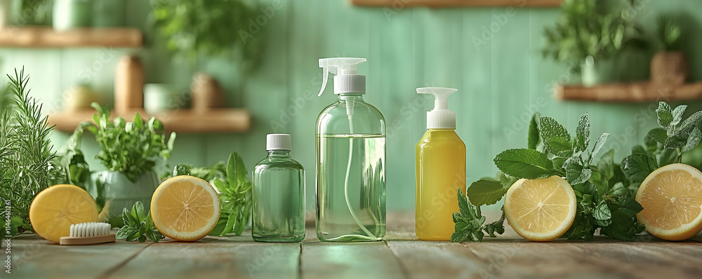 A collection of natural cleaning products with fresh herbs and lemons on a wooden surface. A collection of natural cleaning products with fresh herbs and lemons on a wooden surface.