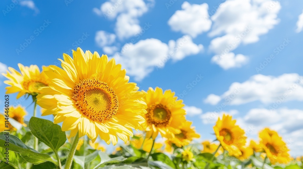 Vibrant sunflowers under a bright blue sky. Vibrant sunflowers under a bright blue sky.