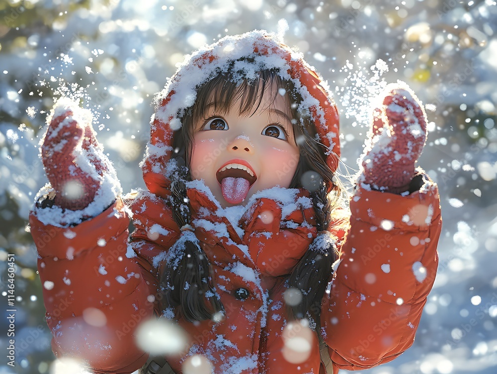 A little child in a red coat happily licks snowflakes amid snowy trees, radiating warmth and cheer. Perfect for Christmas ads or content highlighting family joy and winter happiness. A little child in a red coat happily licks snowflakes amid snowy trees, radiating warmth and cheer. Perfect for Christmas ads or content highlighting family joy and winter happiness.