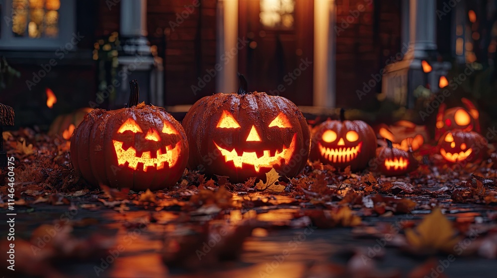 A group of carved pumpkins with glowing faces arranged on a porch, surrounded by fallen autumn leaves, creating a warm and festive Halloween atmosphere. A group of carved pumpkins with glowing faces arranged on a porch, surrounded by fallen autumn leaves, creating a warm and festive Halloween atmosphere.