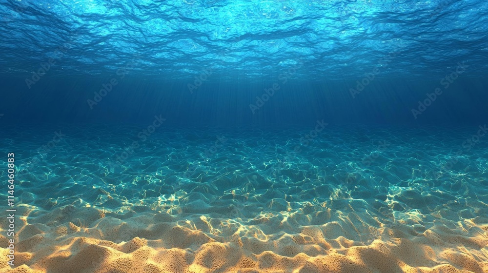 Sandy bottom, blue and surface underwater. 3d render , isolated on white background, , copy space, copy space for text, Sandy bottom, blue and surface underwater. 3d render , isolated on white background, , copy space, copy space for text,