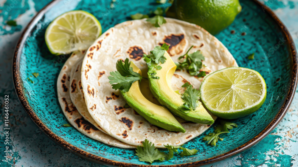 A freshly made tortilla rests on a bright turquoise plate, adorned with creamy avocado slices and zesty lime wedges for a burst of flavor and color A freshly made tortilla rests on a bright turquoise plate, adorned with creamy avocado slices and zesty lime wedges for a burst of flavor and color