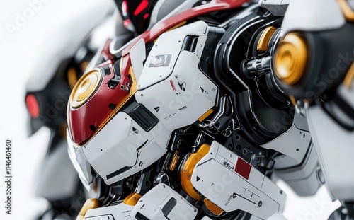 Close-up of a detailed Gundam model, showcasing intricate design and vibrant colors.