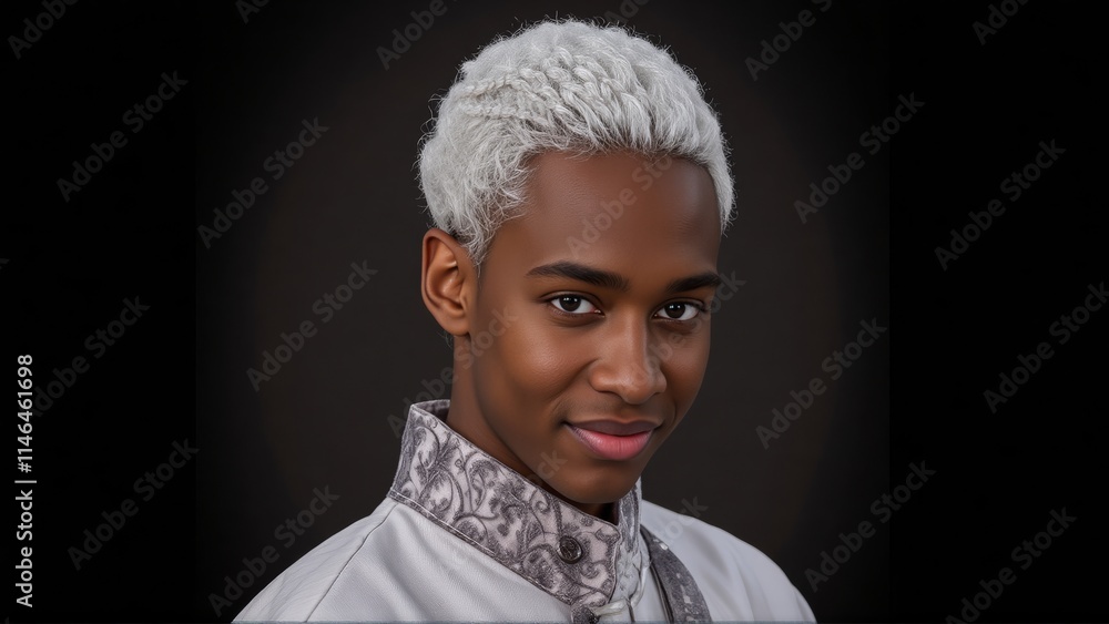 Confident young man with short white hair wearing traditional attire against a black background Confident young man with short white hair wearing traditional attire against a black background