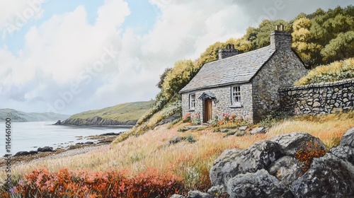 Stone cottage on North Devon coast photo