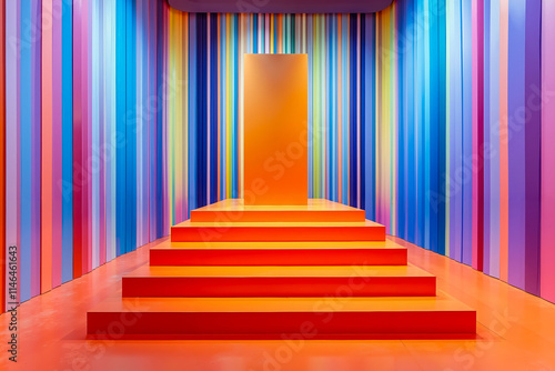 A brightly colored room with a stairway leading up to a colorful wall