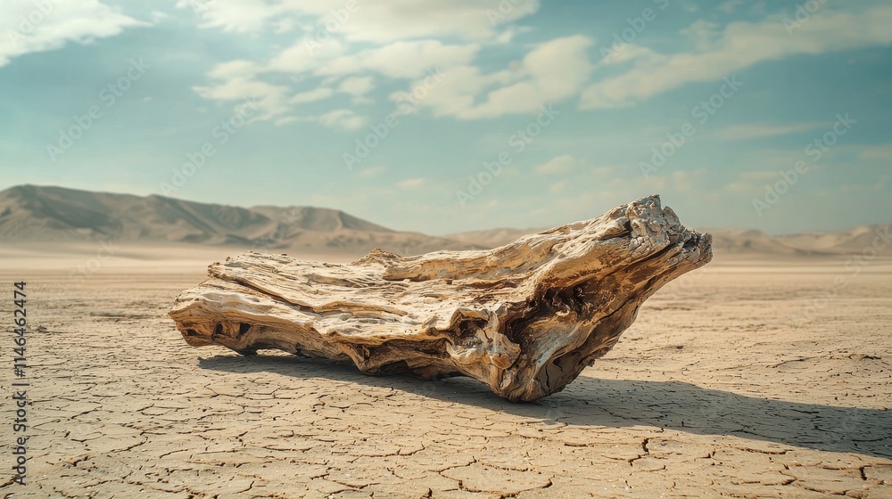 Unique Weathered Driftwood on Expansive Desert Landscape Unique Weathered Driftwood on Expansive Desert Landscape