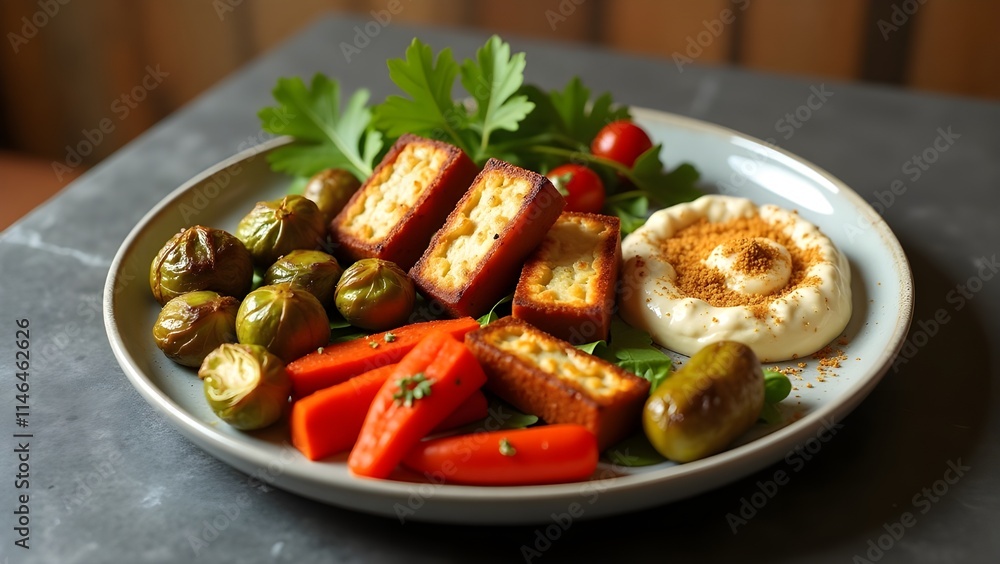 A plant-based meal with tofu, roasted vegetables, and a side of hummus A plant-based meal with tofu, roasted vegetables, and a side of hummus