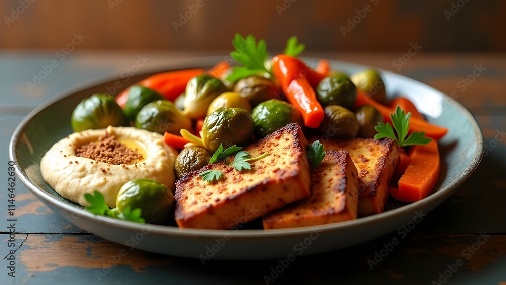 A plant-based meal with tofu, roasted vegetables, and a side of hummus A plant-based meal with tofu, roasted vegetables, and a side of hummus