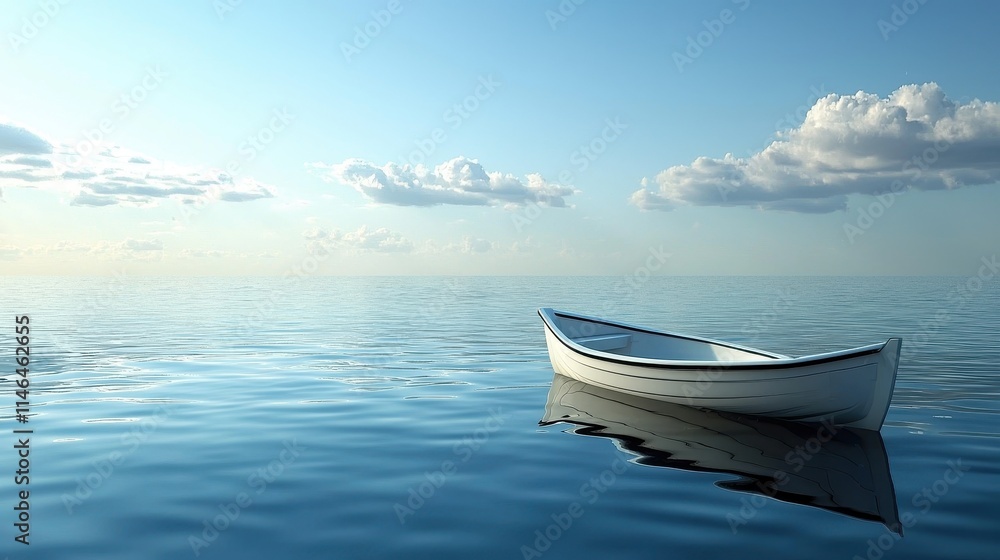 Serene Small Boat Floating on Calm Blue Water Under Soft Clouds Serene Small Boat Floating on Calm Blue Water Under Soft Clouds