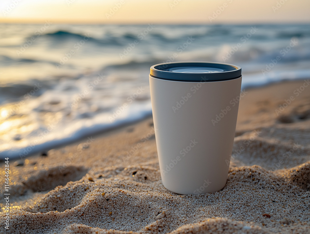 A minimalist mockup of a plain white tumbler placed on the sandy beach, with gentle waves in the background. The clean design is perfect for showcasing product branding. A minimalist mockup of a plain white tumbler placed on the sandy beach, with gentle waves in the background. The clean design is perfect for showcasing product branding.