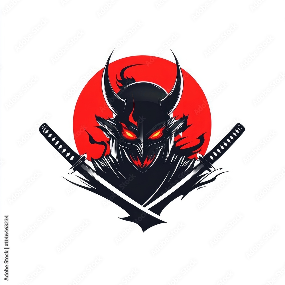 Fototapeta premium A stylized illustration of a fierce oni samurai engulfed in flames.