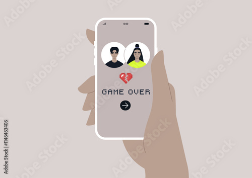 A hand holds a smartphone displaying a dating app that humorously highlights the end of a relationship, featuring a game over sign to symbolize the challenges and new beginnings in the dating world