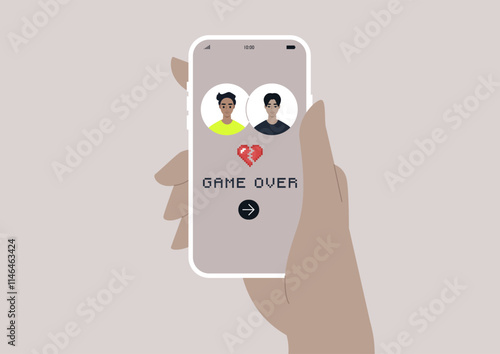 A hand holds a smartphone displaying a dating app that humorously highlights the end of a relationship, featuring a game over sign to symbolize the challenges and new beginnings in the dating world