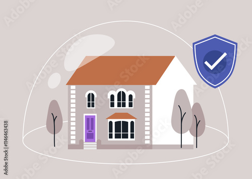 A charming house is shown under a protective dome, symbolizing the security provided by house insurance, Trees frame the scene, emphasizing safety and comfort