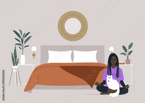 In a peaceful bedroom filled with soft colors, a person sits cross-legged on the floor, meditating with a white cat nestled in their lap, Green plants and soft lighting enhance the tranquil setting
