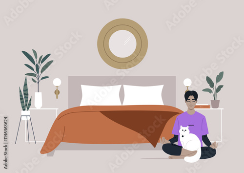 In a peaceful bedroom filled with soft colors, a person sits cross-legged on the floor, meditating with a white cat nestled in their lap, Green plants and soft lighting enhance the tranquil setting