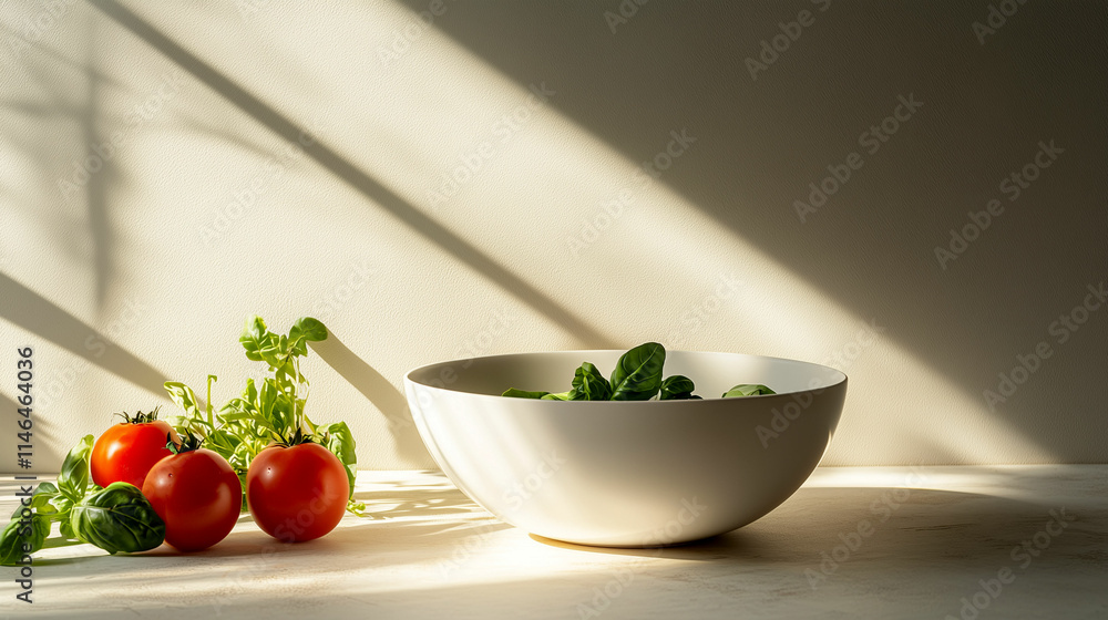 Fresh tomatoes and spinach in a bowl with soft sunlight highlighting healthy ingredients Fresh tomatoes and spinach in a bowl with soft sunlight highlighting healthy ingredients